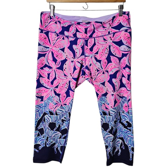 Lilly Pulitzer Jolena Luxletic Cropped Leggings XL Floral Zebra Print Pink Yoga - Picture 1 of 10